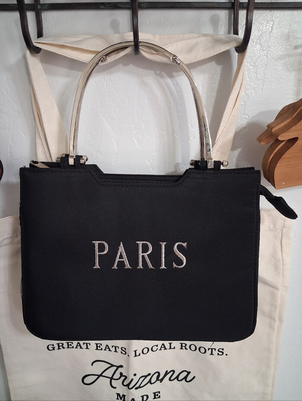 Paris Embroidered Black Tote Bag with Silver Handles